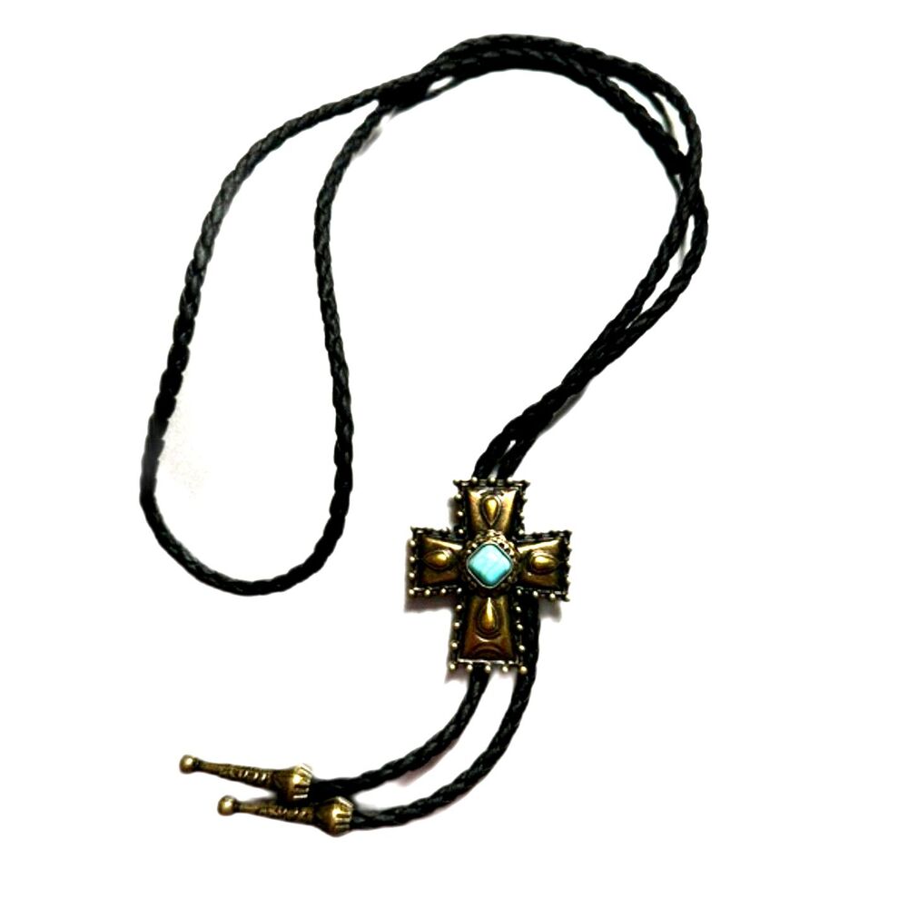 NWT Western Style Faux Turquoise, Cross, Bronze Color, Bolo Tie, Necktie, Unisex
